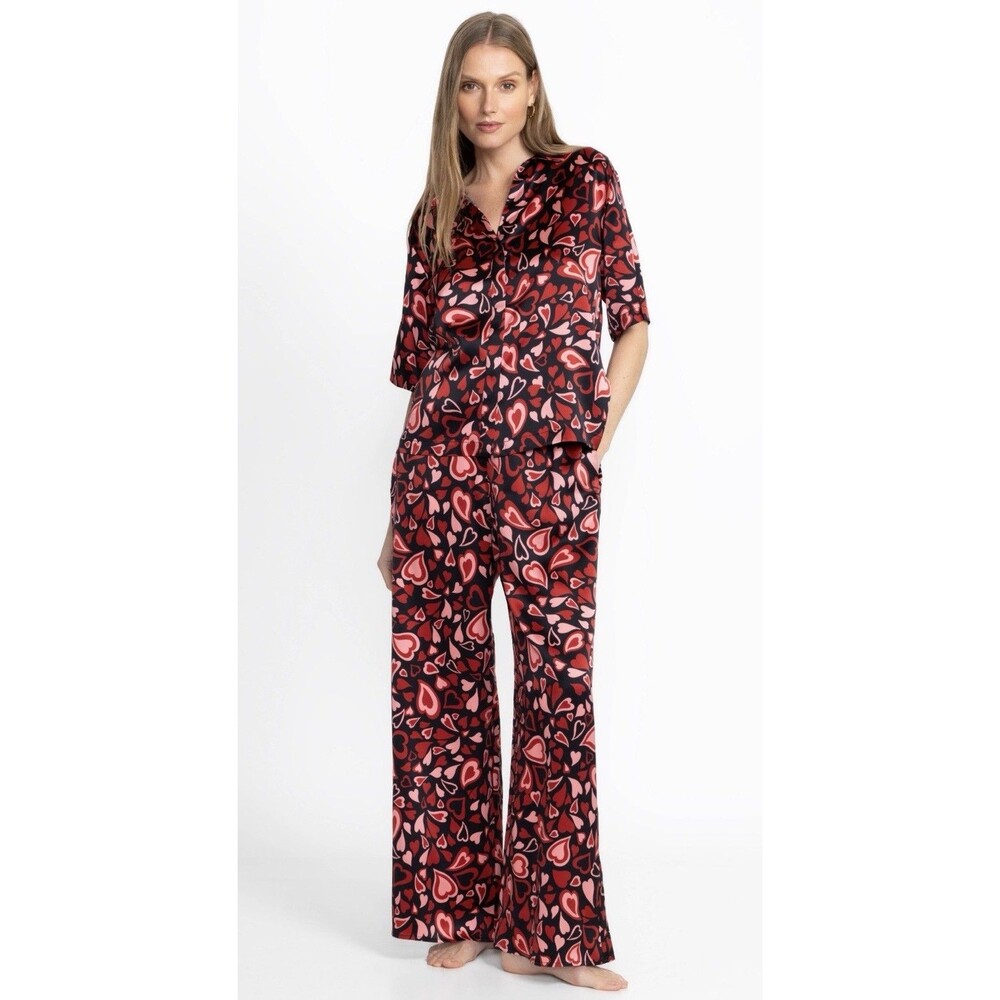 Johnny Was 100% Silk Emberlyn  Brooklyn Long Set Pajamas Black & Red Size XL